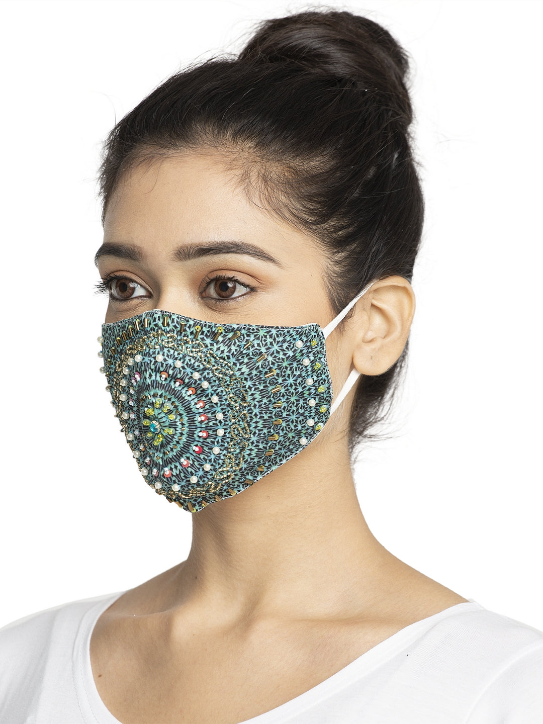 Women Turquoise Blue Embroidered Embellished Sparkling Glitter Sequin Women Fashion Reusable Face Mask
