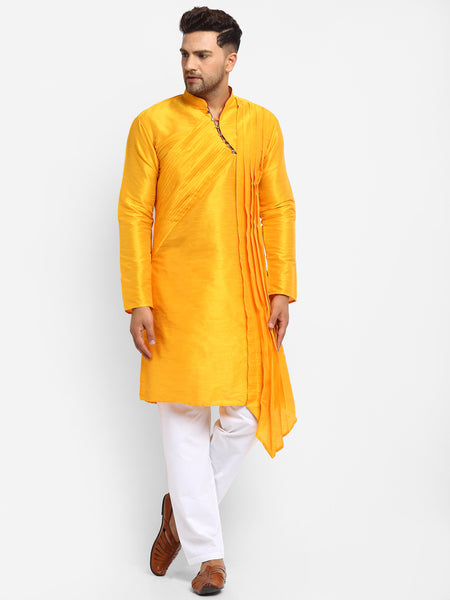 Yellow Solid Brocade Kurta With Aligarh Pajama For Men By Treemoda