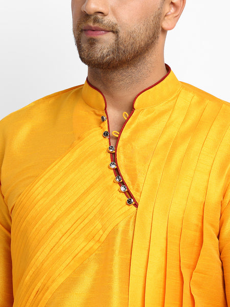Yellow Solid Brocade Kurta With Aligarh Pajama For Men By Treemoda