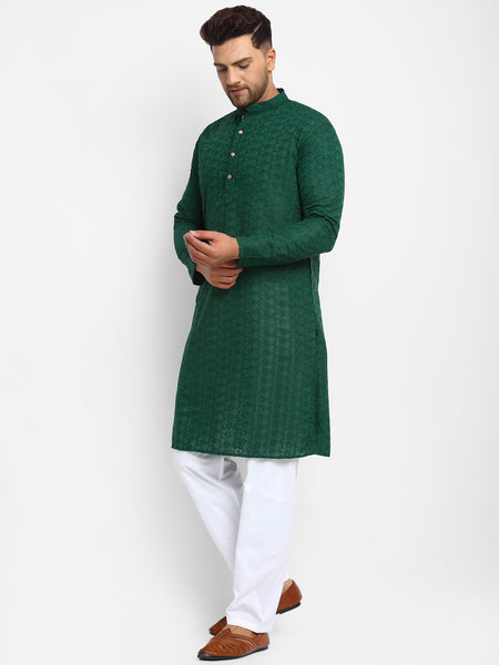 Embroidered Cotton Chikankari Green Kurta With Aligarh Pajama by Treemoda