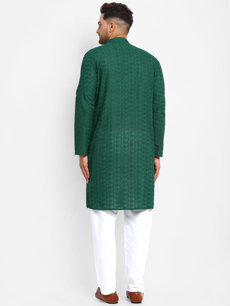 Embroidered Cotton Chikankari Green Kurta With Aligarh Pajama by Treemoda