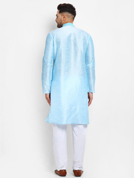 Embellished Brocade Sky Blue Kurta With Aligarh Pajama Set For Men By Treemoda