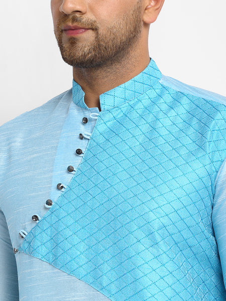 Embellished Brocade Sky Blue Kurta With Aligarh Pajama Set For Men By Treemoda