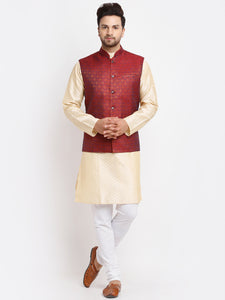 Treemoda Ethnic Brocade Beige Kurta Pajama With Brocade Maroon Nehru Jacket For Men