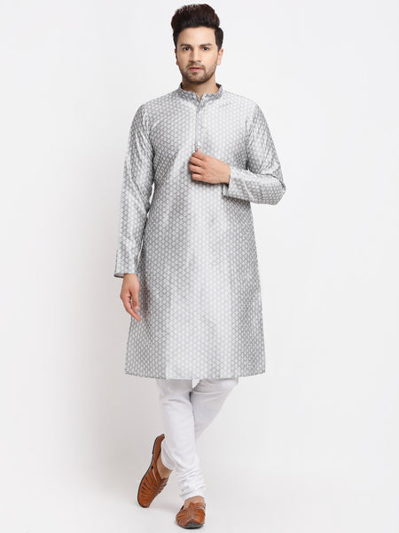 Ethnic Brocade Grey Kurta Pajama With Brocade Maroon Nehru Jacket For Men