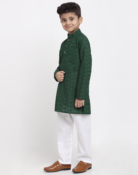 Lucknowi Chikankari Cotton Kurta Pajama Set For Boys/Kids By Treemoda|Green| Kurta Pajama Set