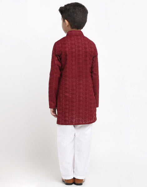 Lucknowi Chikankari Cotton Kurta Pajama Set For Boys/Kids By Treemoda|Maroon| Kurta Pajama Set
