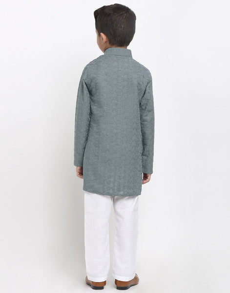Lucknowi Chikankari Cotton Kurta Pajama Set For Boys/Kids By Treemoda|Grey| Kurta Pajama Set