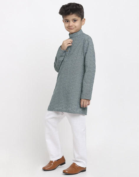 Lucknowi Chikankari Cotton Kurta Pajama Set For Boys/Kids By Treemoda|Grey| Kurta Pajama Set