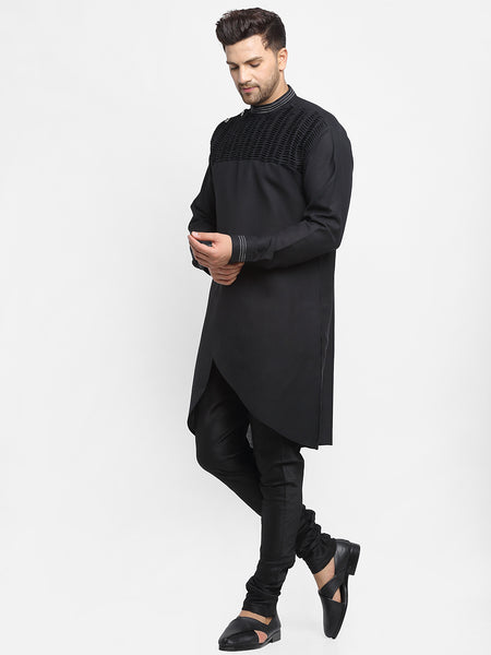 Black Solid Linen Kurta With Churidar Pajama For Men By Treemoda