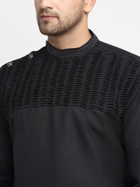 Black Solid Linen Kurta With Churidar Pajama For Men By Treemoda