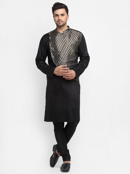 Ethinic Brocade Silk Black Kurta With Churidar Pajama For Men By Treemoda