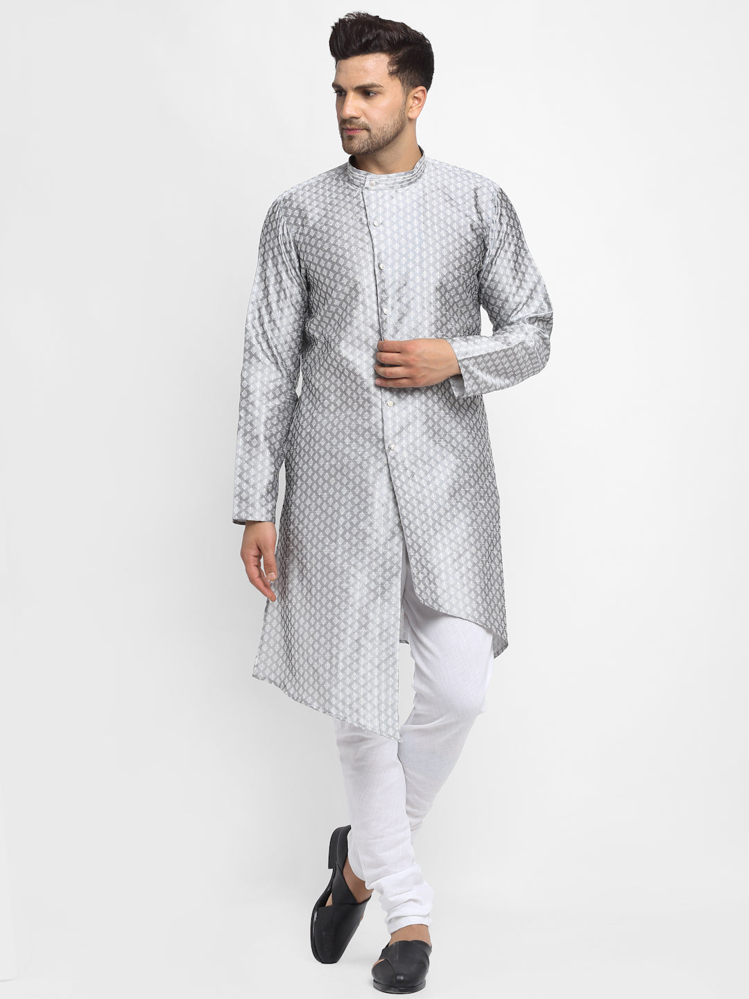 Embellished Brocade Grey Kurta With Churidar Pajama Set For Men By Treemoda