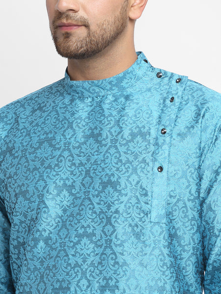Embellished Brocade Turquiose Blue Kurta With Churidar Pajama Set For Men By Treemoda
