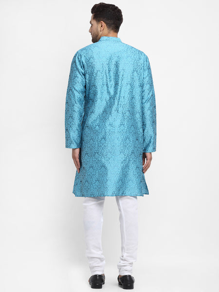 Embellished Brocade Turquiose Blue Kurta With Churidar Pajama Set For Men By Treemoda