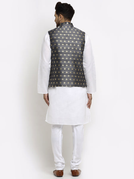 New Designer Men Dark Grey and Golden Brocade Nehru Jacket With Golden Work By Treemoda