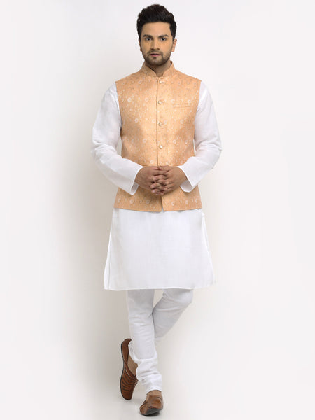 New Designer Men Peach Brocade Nehru Jacket With Golden Work By Treemoda