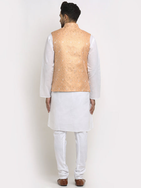 New Designer Men Peach Brocade Nehru Jacket With Golden Work By Treemoda