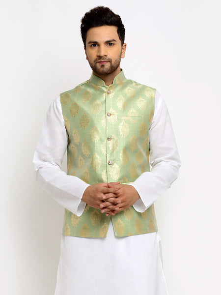New Designer Men Tea  Green Brocade Nehru Jacket With Golden Work By Treemoda