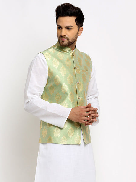 New Designer Men Tea  Green Brocade Nehru Jacket With Golden Work By Treemoda