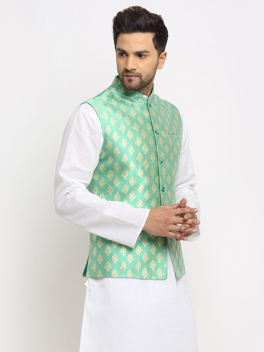 New Designer Men Aqua Green Brocade Nehru Jacket With Golden Work By Treemoda