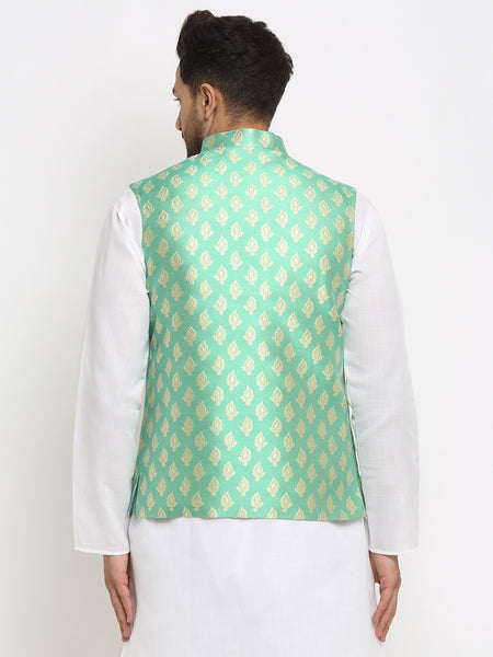 New Designer Men Aqua Green Brocade Nehru Jacket With Golden Work By Treemoda