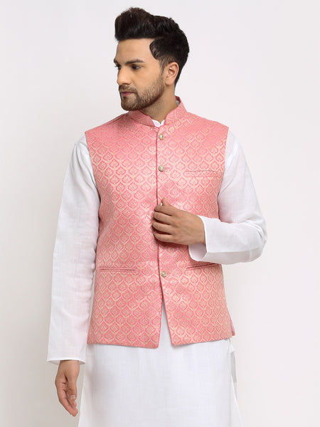 New Designer Men Pink and Golden Brocade Nehru Jacket With Golden Work By Treemoda