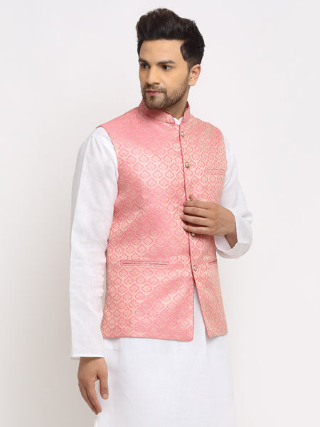 New Designer Men Pink and Golden Brocade Nehru Jacket With Golden Work By Treemoda
