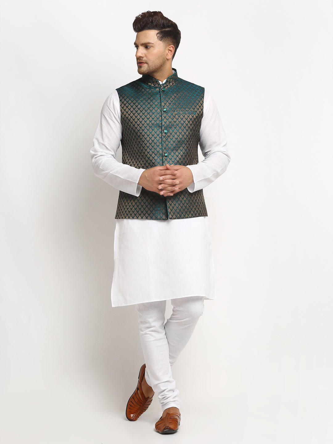 New Designer Men Dark Green Brocade Nehru Jacket With Golden Work By Treemoda