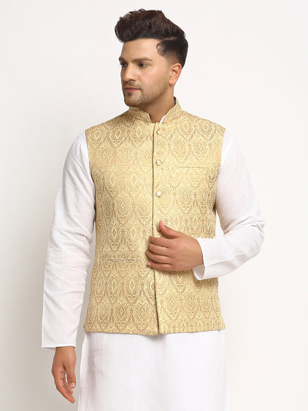 New Designer Men Light Golden Brocade Nehru Jacket With Golden Work By Treemoda