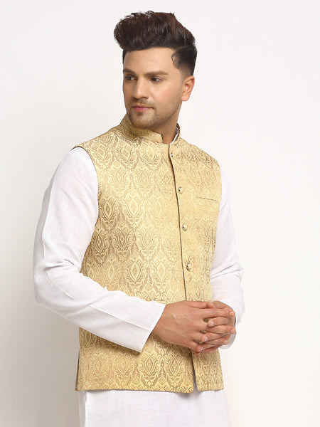 New Designer Men Light Golden Brocade Nehru Jacket With Golden Work By Treemoda