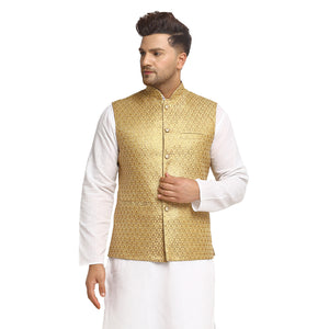 New Designer Men Dark Golden Brocade Nehru Jacket With Golden Work By Treemoda