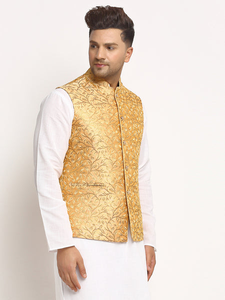 New Designer Men Rose Gold Brocade Nehru Jacket With Golden Work By Treemoda