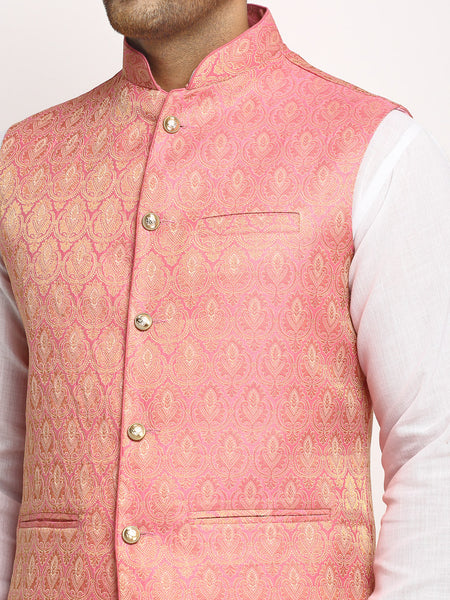 New Designer Men Pink Brocade Nehru Jacket With Golden Work By Treemoda
