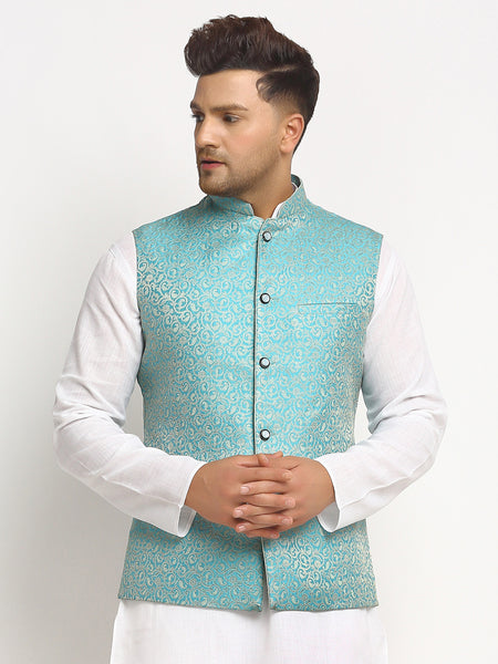 New Designer Men Turquoise Blue Brocade Nehru Jacket By Treemoda