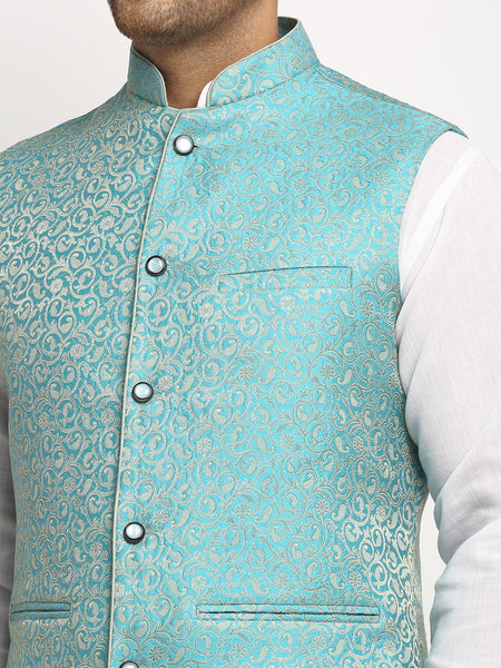 New Designer Men Turquoise Blue Brocade Nehru Jacket By Treemoda