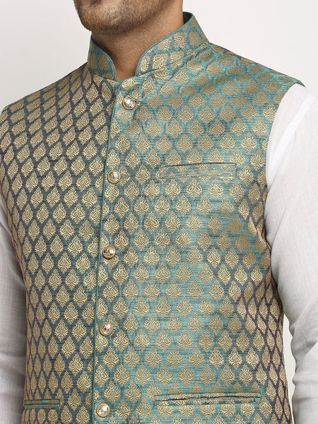 New Designer Men Sapphire Blue Brocade Nehru Jacket With Golden Work By Treemoda