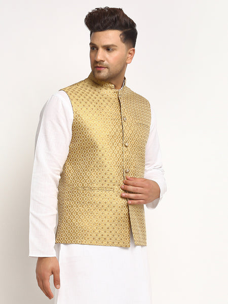 New Designer Men Golden Brocade Nehru Jacket With Golden Work By Treemoda