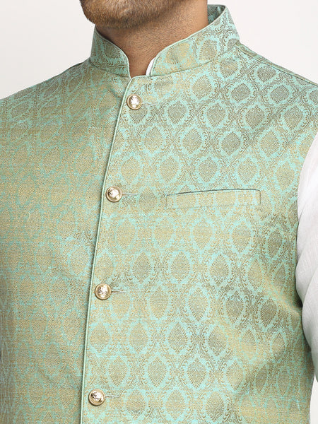 New Designer Men Turquoise Green Brocade Nehru Jacket With Golden Work By Treemoda
