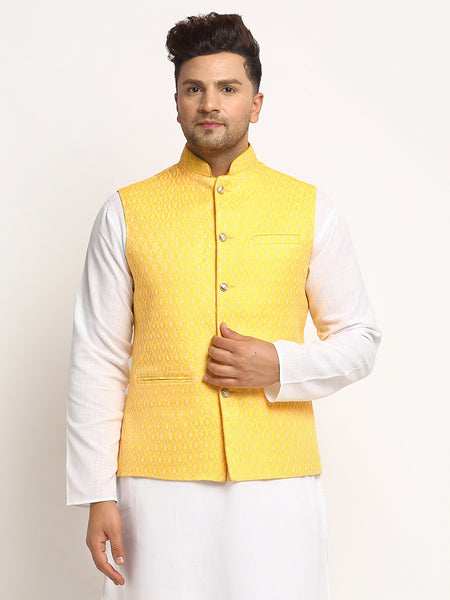 New Designer Men Yellow Brocade Nehru Jacket With Golden Work By Treemoda
