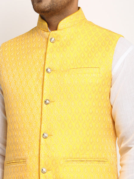 New Designer Men Yellow Brocade Nehru Jacket With Golden Work By Treemoda