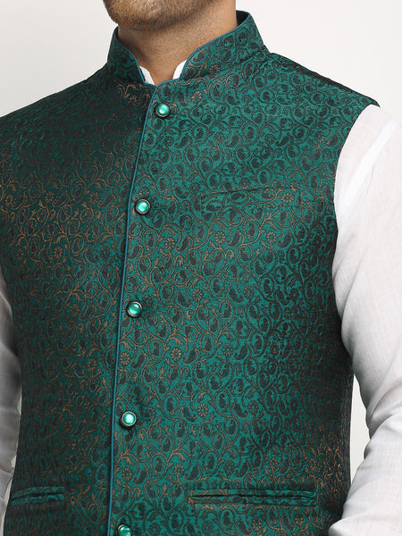 New Designer Men Bottle Green  Brocade Nehru Jacket With Golden Work By Treemoda