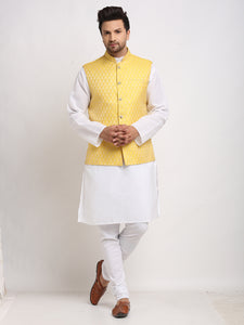 Treemoda Ethnic Plain White Kurta Pajama With Brocade Yellow Nehru Jacket For Men