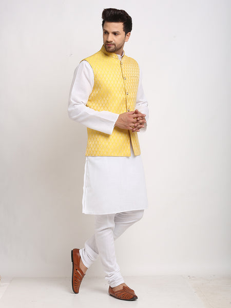 Treemoda Ethnic Plain White Kurta Pajama With Brocade Yellow Nehru Jacket For Men