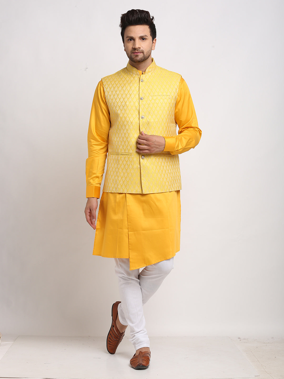Cream And Yellow Color Festival Wear Art Silk Men's Kurta Pajama With Jacket  -5108159884 | Heenastyle