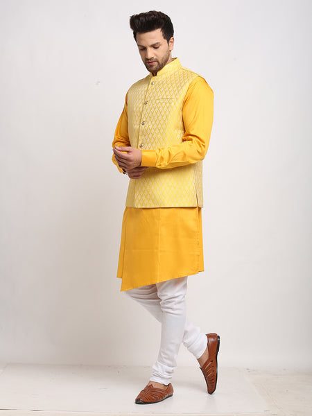 Treemoda Ethnic Cotton Blend Yellow Kurta Pajama With Brocade Yellow Nehru Jacket For Men