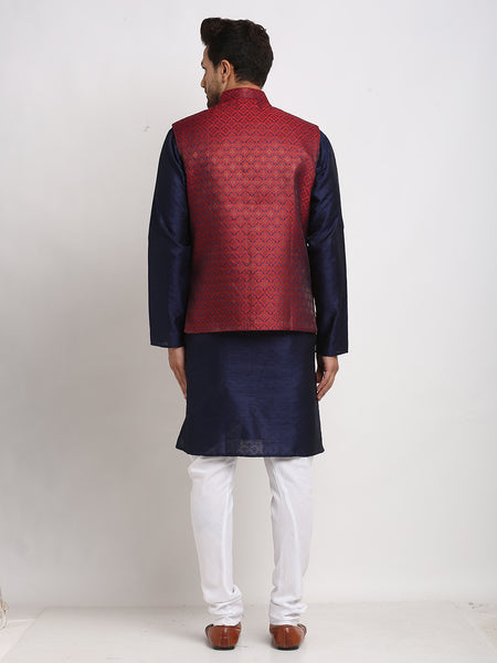 Treemoda Ethnic Brocade Navy Blue Kurta Pajama With Brocade Maroon Nehru Jacket For Men