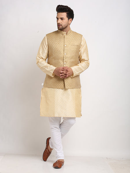 Treemoda Ethnic Brocade Beige Kurta Pajama With Brocade Golden Nehru Jacket For Men