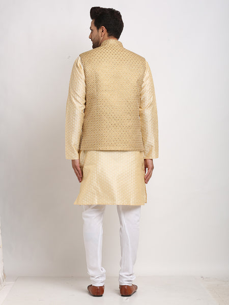Treemoda Ethnic Brocade Beige Kurta Pajama With Brocade Golden Nehru Jacket For Men