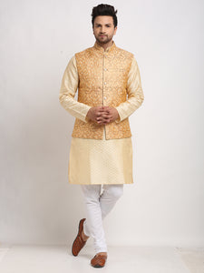 Treemoda Ethnic Brocade Beige Kurta Pajama With Rose Gold Nehru Jacket For Men